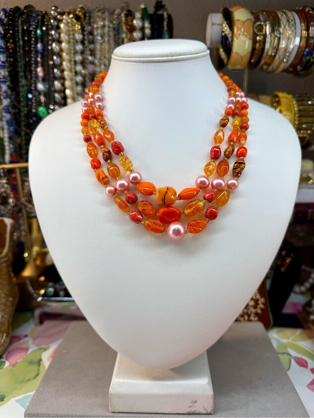 Vintage Japan Glass Multi-Strand Orange & Pink Beaded Statement Necklace